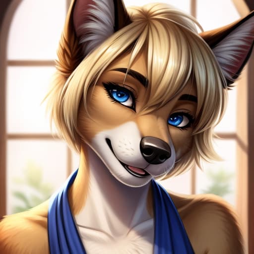  Anthro, Female, German Shepard, blue eyes, blond short hair, open eyes, digital art, masterpiece, 4k, fine details,