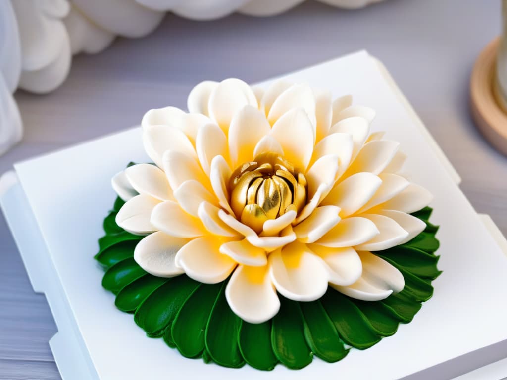  An ultradetailed image of a delicate fondant flower being meticulously painted with edible gold paint, capturing every intricate brushstroke and shimmering detail with unparalleled clarity. The image showcases the artistry and precision involved in using edible paint for decorative purposes, emphasizing the fine technique and skill required in creating edible masterpieces. hyperrealistic, full body, detailed clothing, highly detailed, cinematic lighting, stunningly beautiful, intricate, sharp focus, f/1. 8, 85mm, (centered image composition), (professionally color graded), ((bright soft diffused light)), volumetric fog, trending on instagram, trending on tumblr, HDR 4K, 8K