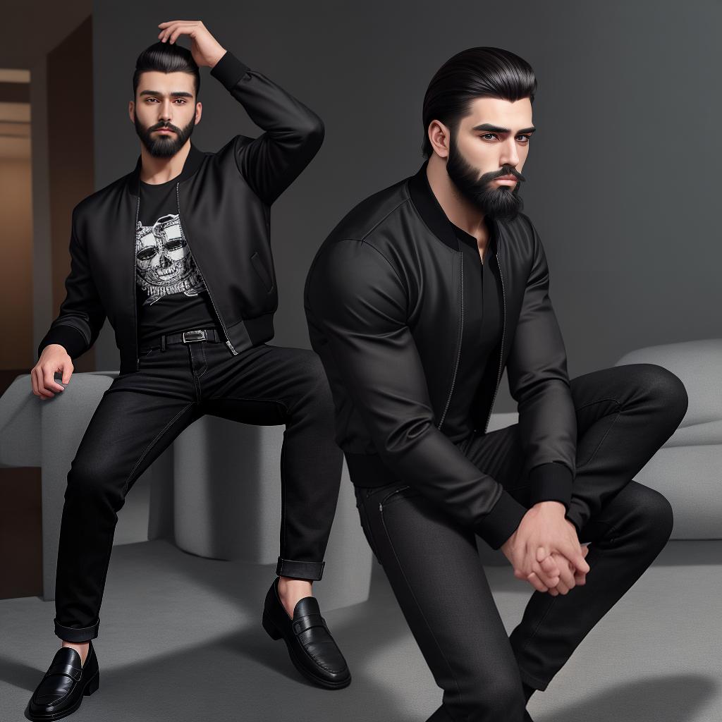  masterpiece, best quality, Photorealistic image, full body portrait of a young male model with full beard and classic combover hairstyle, wearing a black shirt, satin black bomber jacket, slim-fit black jeans, and suede loafers –ar 2:3