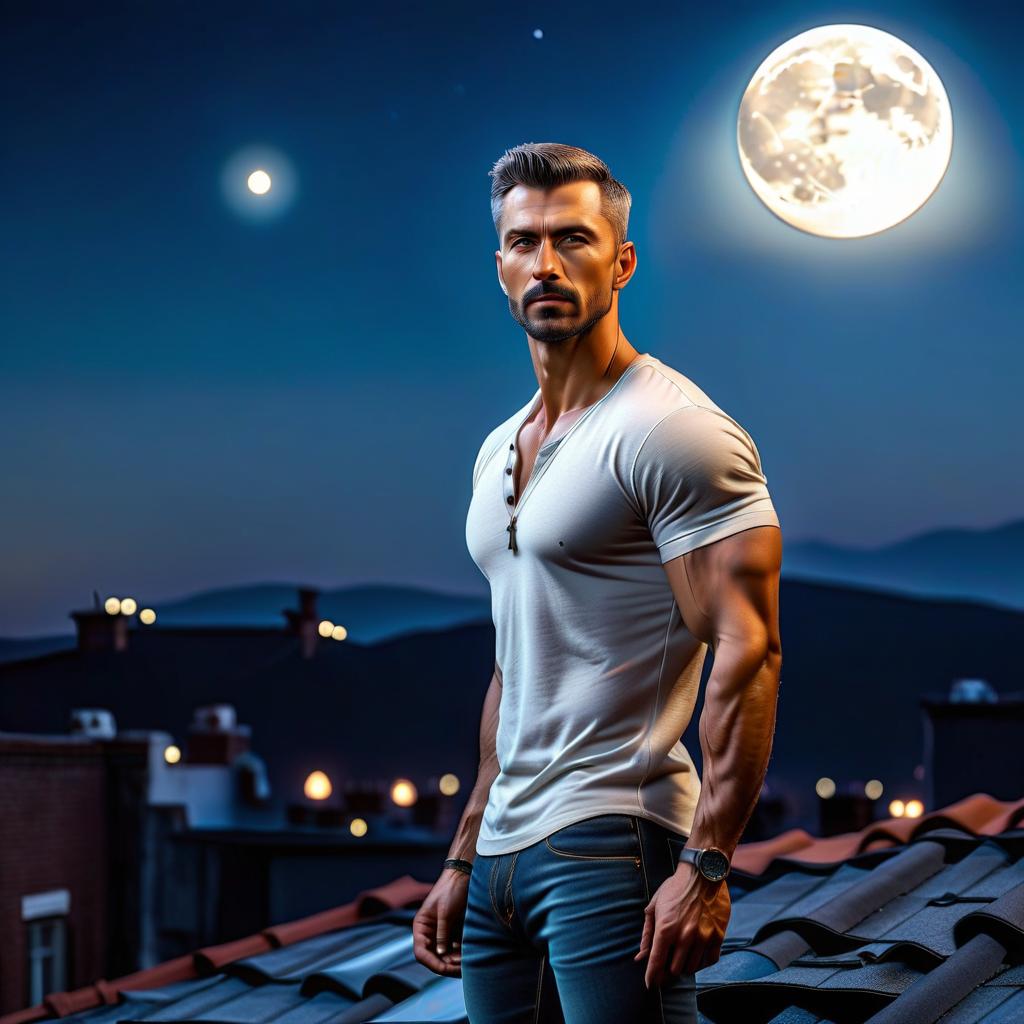  A man with short trimmed hair stands on the roof and looks back, midnight, against the backdrop of the Moon, photo realistic, 4k. hyperrealistic, full body, detailed clothing, highly detailed, cinematic lighting, stunningly beautiful, intricate, sharp focus, f/1. 8, 85mm, (centered image composition), (professionally color graded), ((bright soft diffused light)), volumetric fog, trending on instagram, trending on tumblr, HDR 4K, 8K