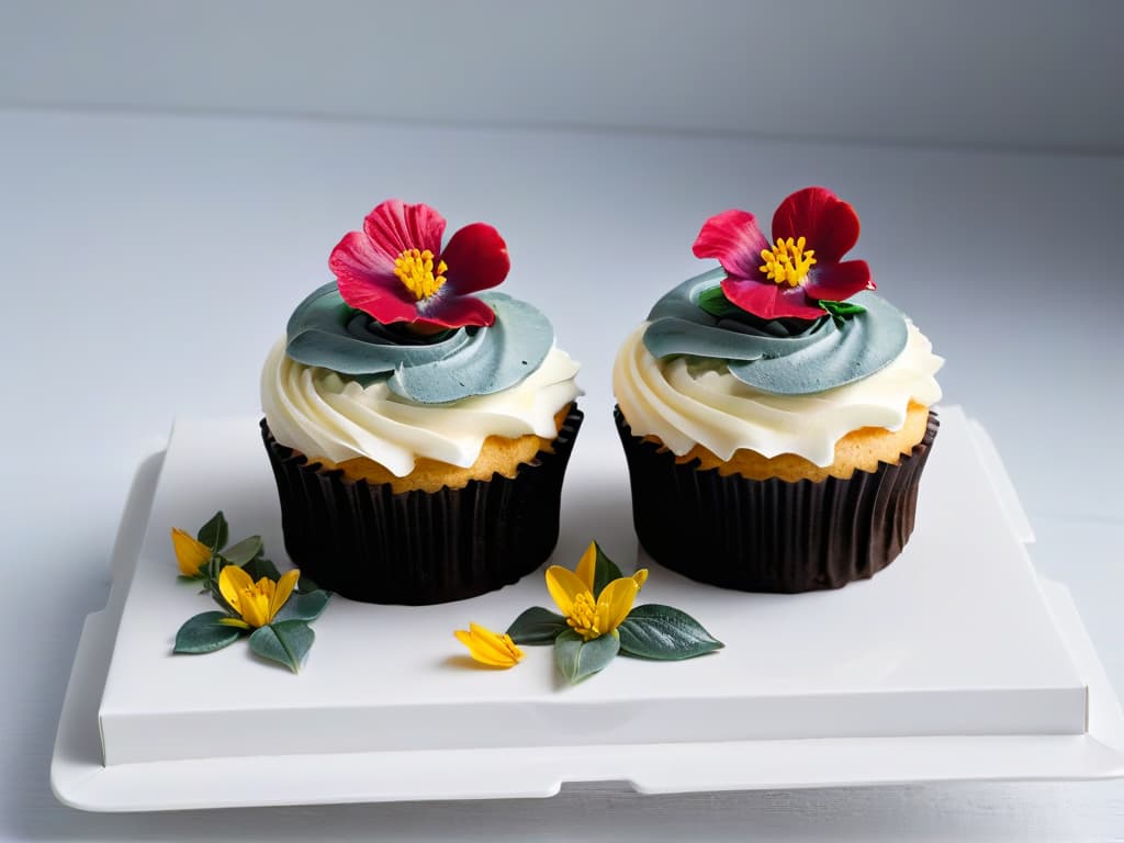  A closeup, ultrahigh resolution image of a delicate, intricately designed cupcake crafted from sustainable, ethically sourced ingredients. The cupcake is adorned with a single, vibrant edible flower on top, resting on a simple, elegant white plate. The focus is on the fine details of the frosting swirls and the natural beauty of the flower, showcasing the artistry and creativity of sustainable baking practices in a visually striking and minimalist composition. hyperrealistic, full body, detailed clothing, highly detailed, cinematic lighting, stunningly beautiful, intricate, sharp focus, f/1. 8, 85mm, (centered image composition), (professionally color graded), ((bright soft diffused light)), volumetric fog, trending on instagram, trending on tumblr, HDR 4K, 8K