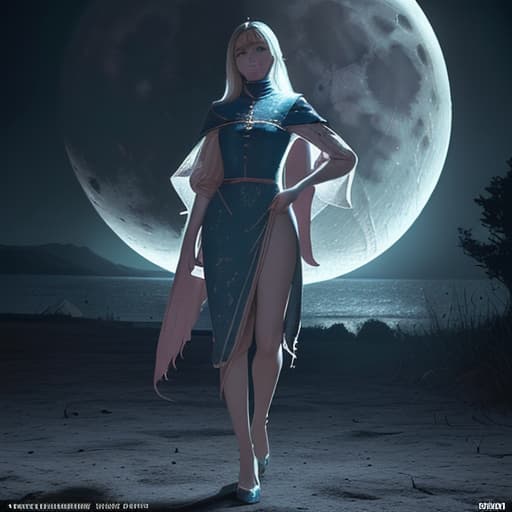  generate the same image but with different colors. Respecting the same image and with a moon hyperrealistic, full body, detailed clothing, highly detailed, cinematic lighting, stunningly beautiful, in
