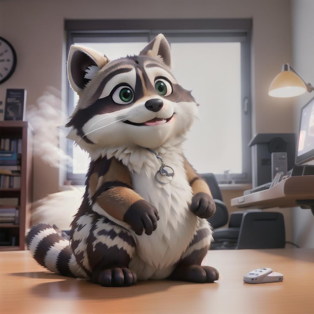  raccoon sitting in gaming chair front a computer on desktop, ((semi anthropomorphic)),(full body), tail, belly, sitting, fat, (chubby), (((white background))), solo, desktop, gaming chair, side view,  [[[clothes]]] hyperrealistic, full body, detailed clothing, highly detailed, cinematic lighting, stunningly beautiful, intricate, sharp focus, f/1. 8, 85mm, (centered image composition), (professionally color graded), ((bright soft diffused light)), volumetric fog, trending on instagram, trending on tumblr, HDR 4K, 8K