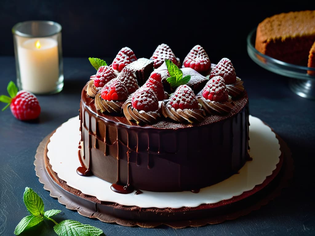  An ultradetailed image of a decadent chocolate cake with rich ganache icing, adorned with fresh raspberries and mint leaves, set on a pristine white plate against a dark, moody background. The cake glistens under a soft, warm spotlight, showcasing its velvety texture and intricate layers. The raspberries pop with vibrant red hues, and the mint leaves add a touch of freshness, creating a visually stunning and mouthwatering dessert masterpiece. hyperrealistic, full body, detailed clothing, highly detailed, cinematic lighting, stunningly beautiful, intricate, sharp focus, f/1. 8, 85mm, (centered image composition), (professionally color graded), ((bright soft diffused light)), volumetric fog, trending on instagram, trending on tumblr, HDR 4K, 8K