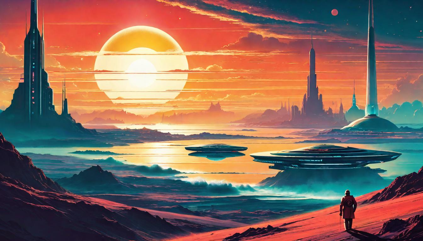  retro futuristic Sunrise over the horizon, casting light over a previously dark landscape, symbolizing societal change. The dawn breaks on a new era, shadows of doubt fading, warmth and clarity growing. Essence: uplift, a breaking tide, collective enlightenment. lvintage sci fi, 50s and 60s style, atomic age, vibrant, highly detailed