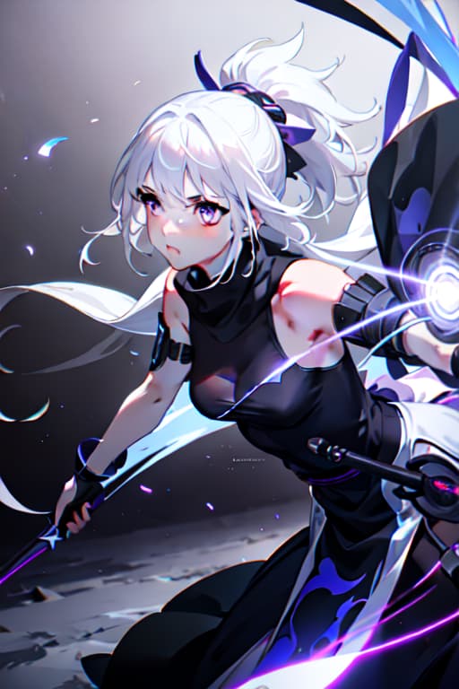  upper body, 1girl, white hair, ponytail, purple eyes, (ninja), short sword, medium breats ,scarf, wallpaper, magic circle background, light particles, blue fire hyperrealistic, full body, detailed clothing, highly detailed, cinematic lighting, stunningly beautiful, intricate, sharp focus, f/1. 8, 85mm, (centered image composition), (professionally color graded), ((bright soft diffused light)), volumetric fog, trending on instagram, trending on tumblr, HDR 4K, 8K