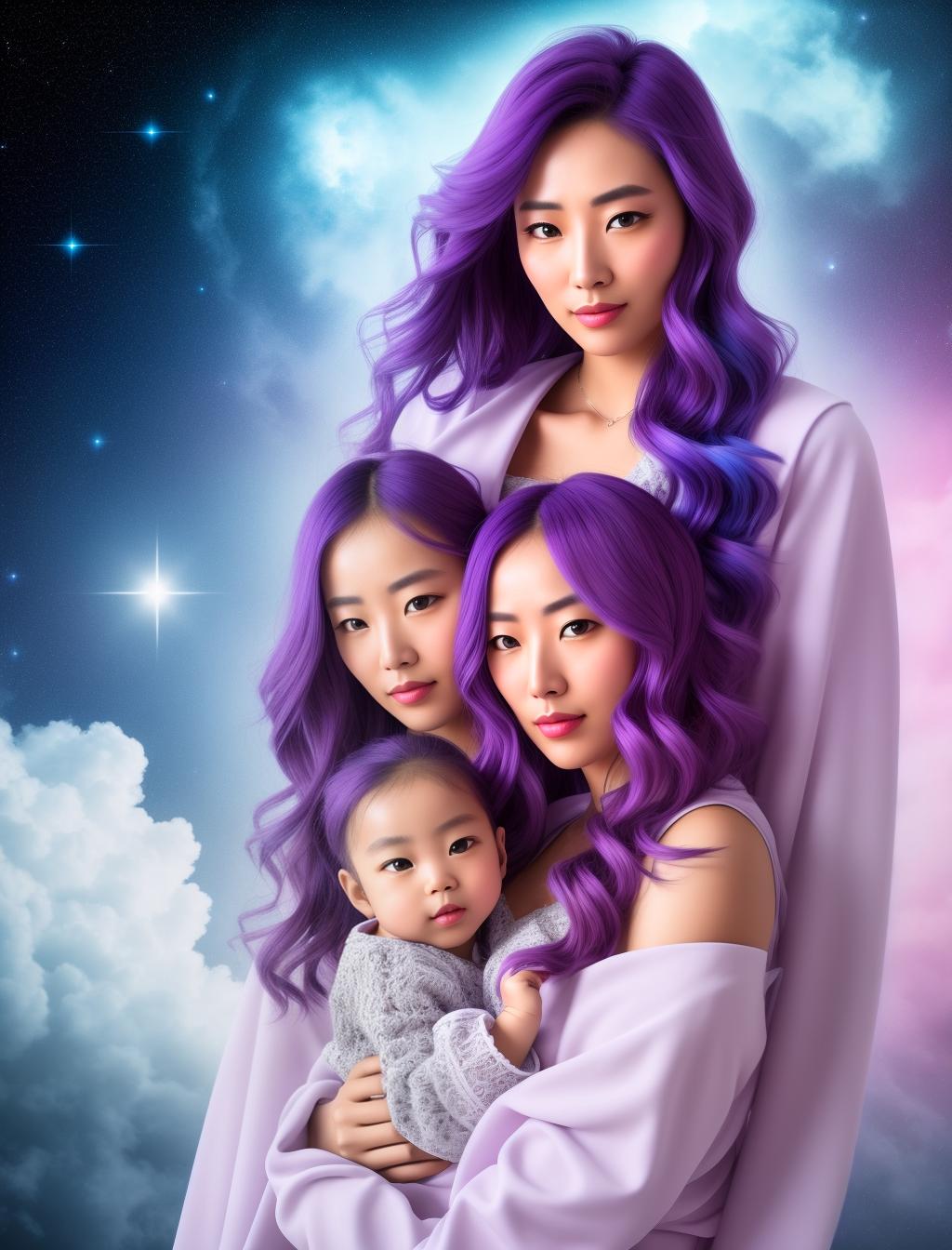  older sister holding her sister in space, purple red blue hair, leggings, comforting, see throw sweeter, (high detailed skin:1.2), 8k uhd, dslr, soft lighting, high quality, film grain, Fujifilm XT3 hyperrealistic, full body, detailed clothing, highly detailed, cinematic lighting, stunningly beautiful, intricate, sharp focus, f/1. 8, 85mm, (centered image composition), (professionally color graded), ((bright soft diffused light)), volumetric fog, trending on instagram, trending on tumblr, HDR 4K, 8K