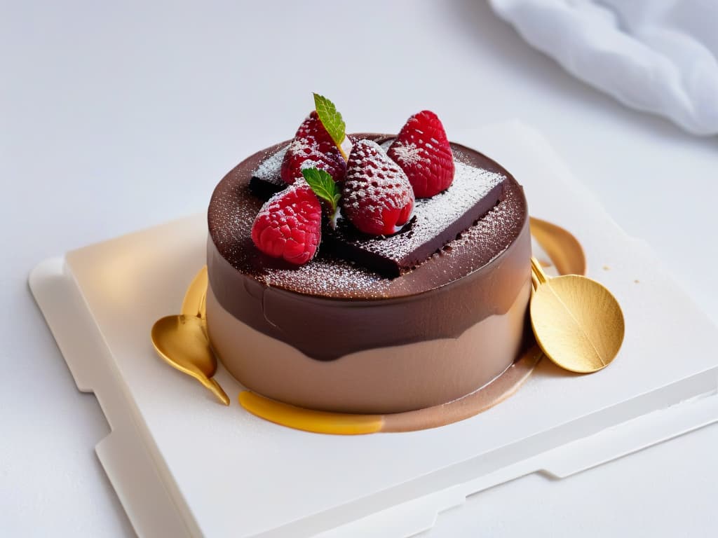  An ultradetailed photorealistic image of a sleek, modern dessert plated with precision on a minimalist white dish. The dessert is a work of art, featuring delicate layers of rich chocolate mousse, topped with a glossy ganache glaze and garnished with edible gold leaf, fresh raspberries, and a sprig of mint. The lighting is soft, casting subtle shadows that enhance the textures and colors of the dessert. This image embodies the essence of highquality ingredients and impeccable presentation in the world of minimalist desserts. hyperrealistic, full body, detailed clothing, highly detailed, cinematic lighting, stunningly beautiful, intricate, sharp focus, f/1. 8, 85mm, (centered image composition), (professionally color graded), ((bright soft diffused light)), volumetric fog, trending on instagram, trending on tumblr, HDR 4K, 8K