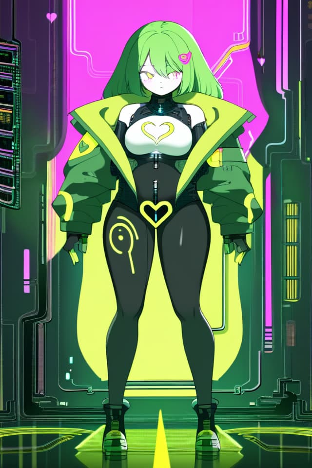  Beautiful , whole body image, standing in front, inner color hair, , woman, cyberpunk, heart, yellow green, 