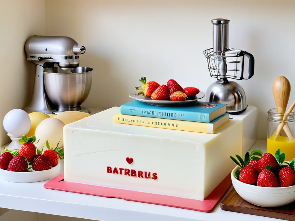  An ultradetailed image of a pristine white marble kitchen countertop, featuring an array of meticulously arranged baking tools and ingredients such as a shiny stand mixer, a stack of pastelcolored measuring cups, a vintage rolling pin, a bowl of fresh strawberries, a pile of artisanal flour, and a row of neatly lined up recipe books, with titles like "El arte de la repostería" prominently displayed. The lighting is soft and natural, casting gentle shadows that highlight the textures and details of each item, creating a serene and inviting atmosphere that evokes the essence of a professional pastry chef's workspace. hyperrealistic, full body, detailed clothing, highly detailed, cinematic lighting, stunningly beautiful, intricate, sharp focus, f/1. 8, 85mm, (centered image composition), (professionally color graded), ((bright soft diffused light)), volumetric fog, trending on instagram, trending on tumblr, HDR 4K, 8K