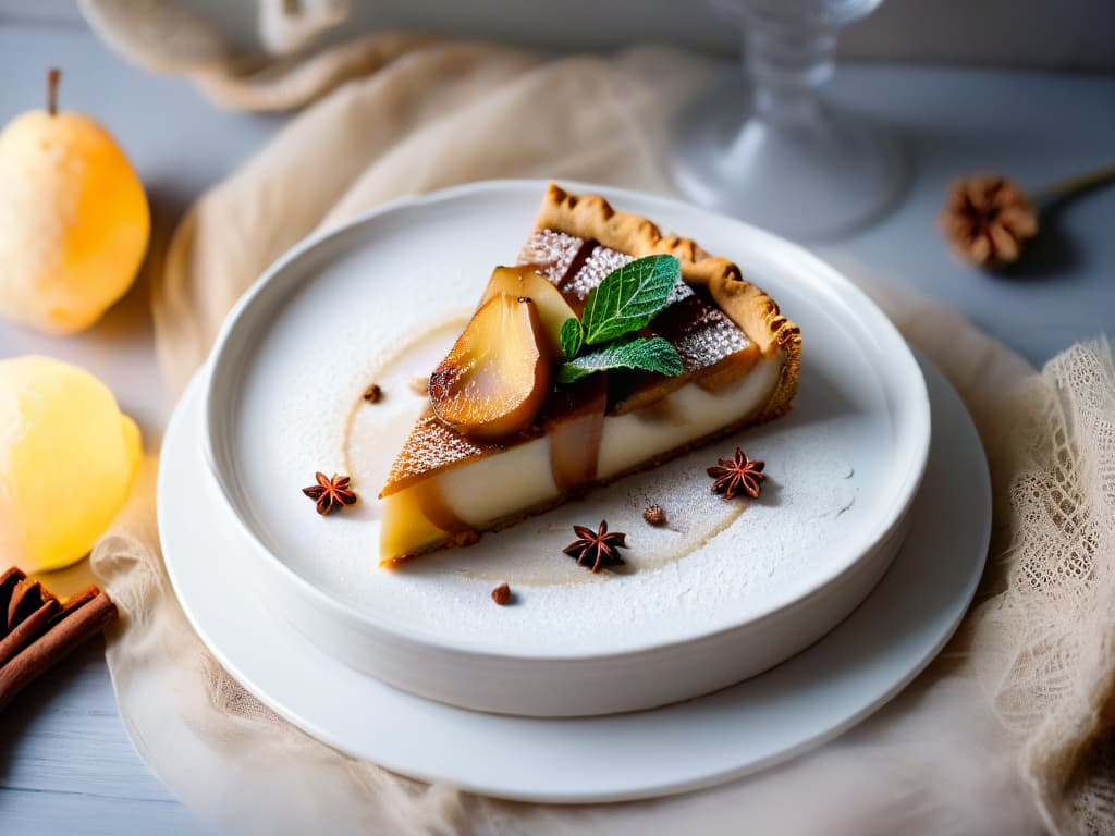  A highresolution, minimalist image of a rustic wooden table setting featuring a beautifully plated slice of spiced pear tart on a delicate white porcelain plate, garnished with a dusting of cinnamon and a sprig of fresh mint. The table is softly lit, casting a warm glow on the flaky crust and juicy pear filling, creating an inviting and cozy ambiance perfect for winter dessert indulgence. hyperrealistic, full body, detailed clothing, highly detailed, cinematic lighting, stunningly beautiful, intricate, sharp focus, f/1. 8, 85mm, (centered image composition), (professionally color graded), ((bright soft diffused light)), volumetric fog, trending on instagram, trending on tumblr, HDR 4K, 8K