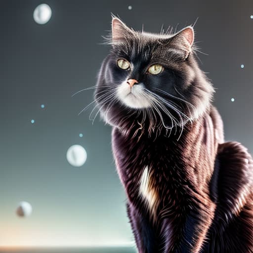  black cat on a background of space hyperrealistic, full body, detailed clothing, highly detailed, cinematic lighting, stunningly beautiful, intricate, sharp focus, f/1. 8, 85mm, (centered image composition), (professionally color graded), ((bright soft diffused light)), volumetric fog, trending on instagram, trending on tumblr, HDR 4K, 8K