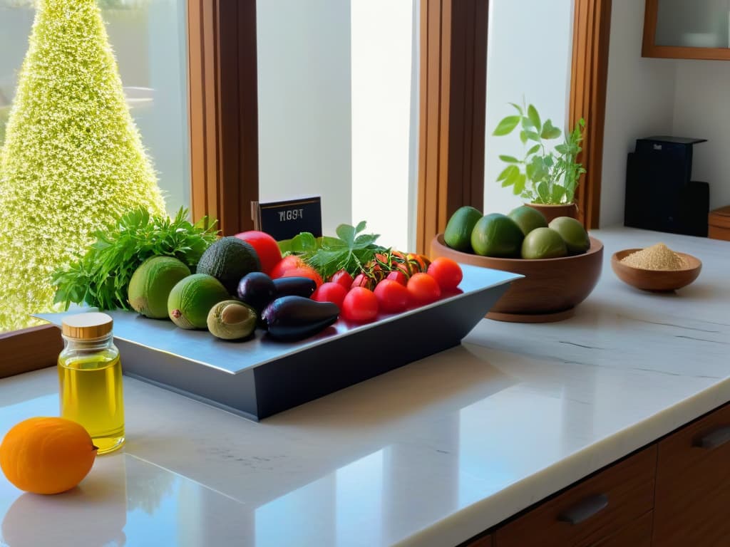  A serene and elegant kitchen scene featuring a sleek marble countertop adorned with a variety of colorful fruits and vegetables, alongside a collection of highquality olive oils and avocados. The natural light filtering through a nearby window highlights the textures and vibrant colors of the ingredients, creating a visually appealing and calming atmosphere that evokes a sense of culinary inspiration and healthy living. hyperrealistic, full body, detailed clothing, highly detailed, cinematic lighting, stunningly beautiful, intricate, sharp focus, f/1. 8, 85mm, (centered image composition), (professionally color graded), ((bright soft diffused light)), volumetric fog, trending on instagram, trending on tumblr, HDR 4K, 8K