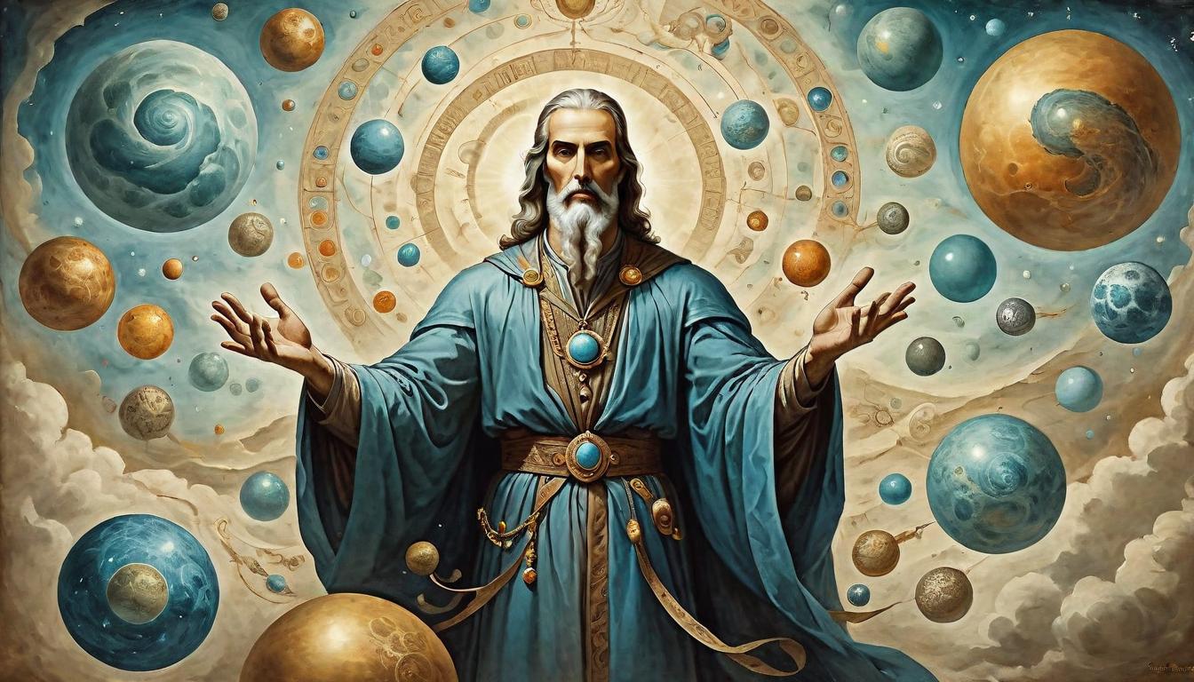  on parchment, surrealism+++, A majestic figure surrounded by swirling multiverse spheres, hands extended, aligning these realms, regal, commanding, celestial equilibrium(mysterious, provocative, symbolic,muted color)+++