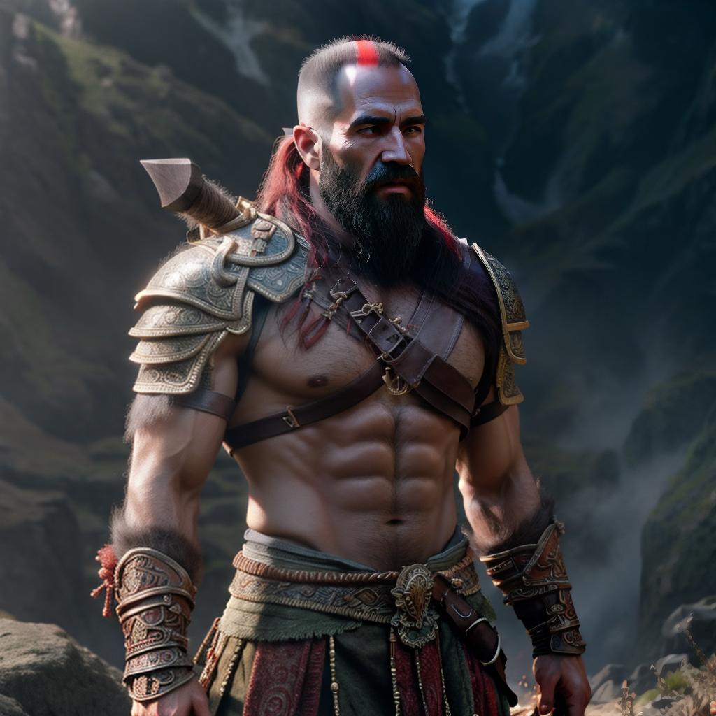  God of war hyperrealistic, full body, detailed clothing, highly detailed, cinematic lighting, stunningly beautiful, intricate, sharp focus, f/1. 8, 85mm, (centered image composition), (professionally color graded), ((bright soft diffused light)), volumetric fog, trending on instagram, trending on tumblr, HDR 4K, 8K