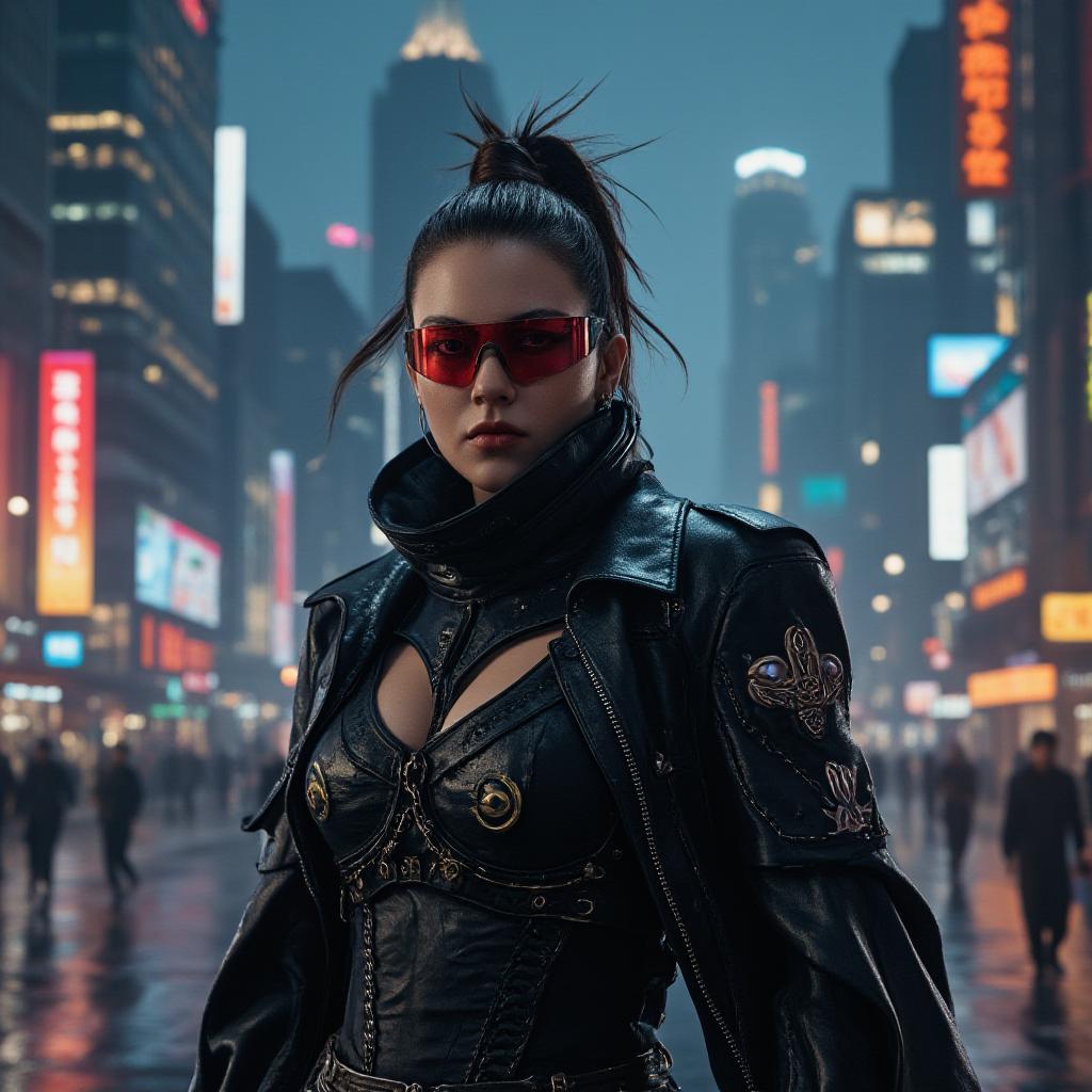  detail, photo, cinscene, dreamwalking “a bounty hunter with a rugged, cybernetic look, including a high tech visor and armored clothing. the avatar should have a confident stance and a cityscape background with neon lights and towering skyscrapers.