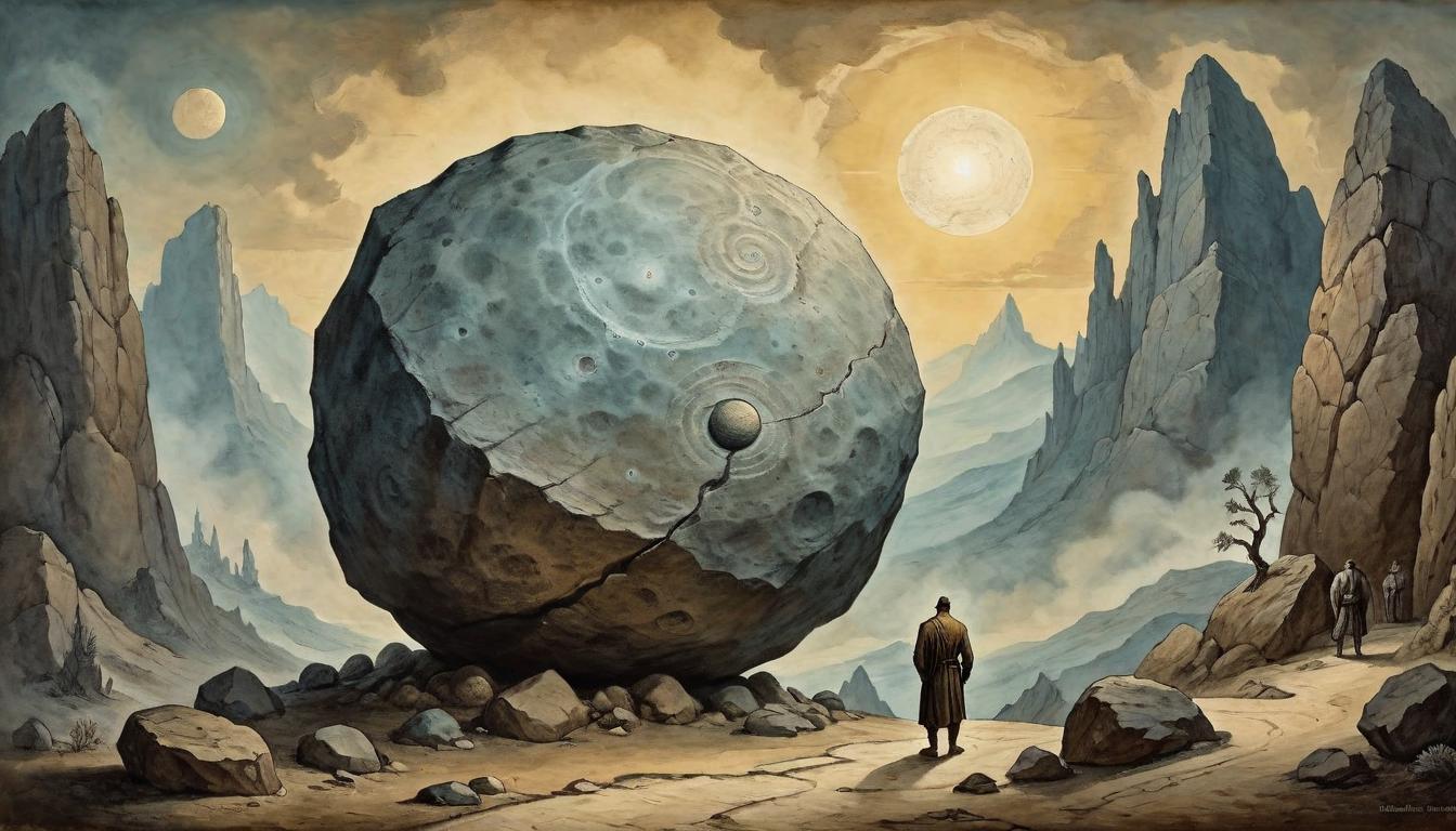  on parchment, surrealism+++, Sisyphus standing tall, face resolute, hands firmly on boulder, detailed textures on skin and rock, dawn breaking with first light, rugged path illuminated, atmosphere of determination and renewal(mysterious, provocative, symbolic,muted color)+++