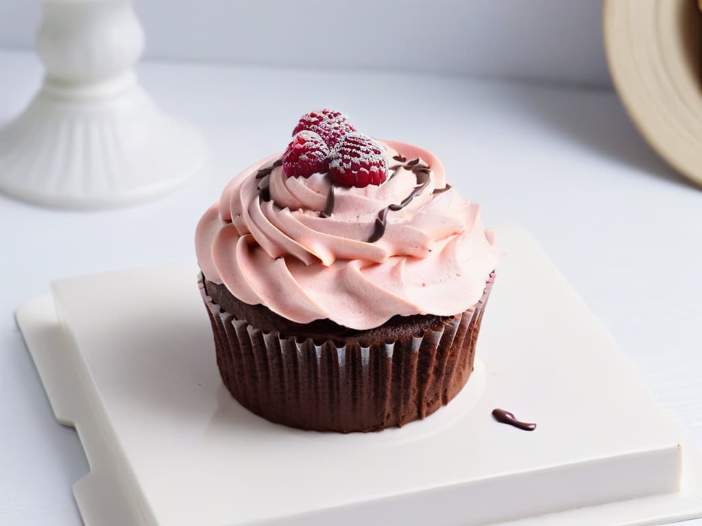  A closeup, ultradetailed image of a decadent chocolate cupcake topped with a swirl of fluffy, light pink raspberry frosting, sprinkled with delicate shavings of dark chocolate and fresh raspberry pieces. The cupcake sits on a sleek, white marble countertop, emphasizing its indulgent yet lowcalorie nature. The lighting is soft, casting a gentle glow on the glossy surface of the cupcake, highlighting its intricate details and inviting presentation. hyperrealistic, full body, detailed clothing, highly detailed, cinematic lighting, stunningly beautiful, intricate, sharp focus, f/1. 8, 85mm, (centered image composition), (professionally color graded), ((bright soft diffused light)), volumetric fog, trending on instagram, trending on tumblr, HDR 4K, 8K