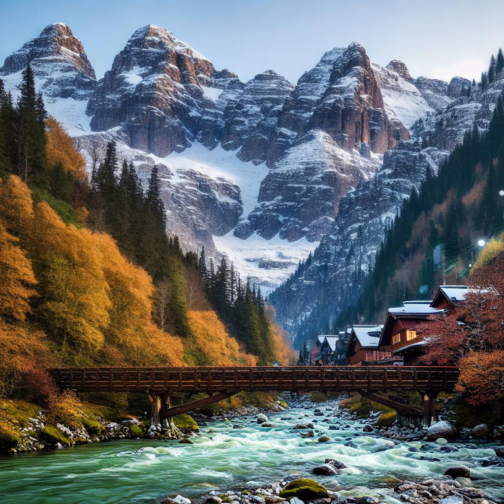  A stunning mountain landscape masterpiece, created with the best quality and attention to detail. This 8k resolution artwork is incredibly high detailed and ultra-detailed, capturing the beauty of nature in every stroke. The main subject of the scene is a serene river flowing through majestic mountains. (The river) sparkles under the warm sunlight, reflecting the vibrant colors of the surrounding trees and flowers. (Mountains in the background) stand tall and grand, covered in lush greenery and topped with snow-capped peaks. (A small wooden bridge) crosses over the river, adding a touch of charm to the scene. (A group of birds) gracefully soar above the mountains, adding life and movement to the artwork. The entire composition is bathed in  hyperrealistic, full body, detailed clothing, highly detailed, cinematic lighting, stunningly beautiful, intricate, sharp focus, f/1. 8, 85mm, (centered image composition), (professionally color graded), ((bright soft diffused light)), volumetric fog, trending on instagram, trending on tumblr, HDR 4K, 8K