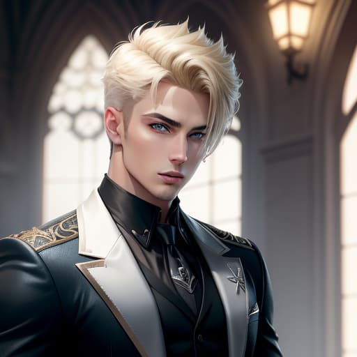  young handsome male vampire with short blonde hair and blue eyes and a lean well toned build , hyperrealistic, high quality, highly detailed, perfect lighting, intricate, sharp focus, f/1. 8, 85mm, (centered image composition), (professionally color graded), ((bright soft diffused light)), trending on instagram, HDR 4K, 8K