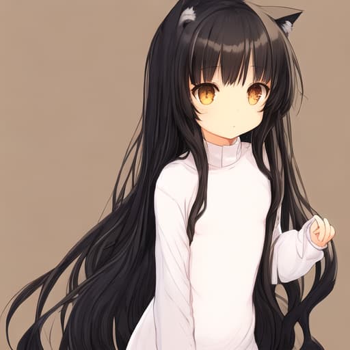  A cute Neko woman, small, flat chest, big,, brown eyes, large,, and long wavy black hair