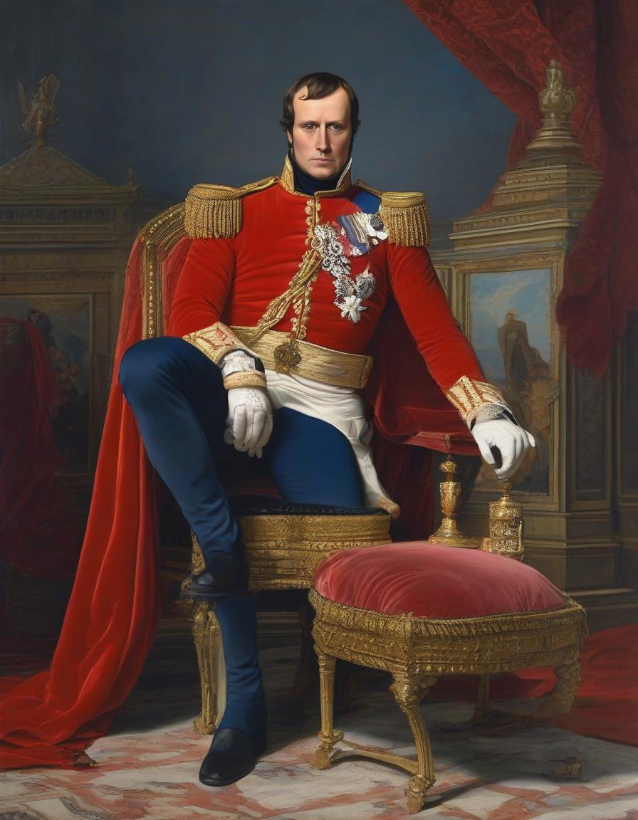  cinematic film still portrait of Napoleon seated on his imperial throne, in the style of Jean Auguste Dominique Ingres, perfect symmetric eyes, richly embroidered red velvet robe with fur trim at the collar and hem, looks imperious, rich colors of oil painting, light and authoritative background, very high resolution . shallow depth of field, vignette, highly detailed, high budget, bokeh, cinemascope, moody, epic, gorgeous, film grain, grainy hyperrealistic, full body, detailed clothing, highly detailed, cinematic lighting, stunningly beautiful, intricate, sharp focus, f/1. 8, 85mm, (centered image composition), (professionally color graded), ((bright soft diffused light)), volumetric fog, trending on instagram, trending on tumblr, HDR 4K, 8K