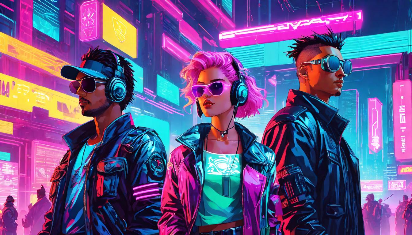  vaporwave,cyberpunk game style Group of people, mixed expressions of skepticism and hostility, subtle dissonance, cosmic symbols faintly showneon, dystopian, futuristic, digital, vibrant, detailed, high contrast, reminiscent of cyberpunk genre video games,retro aesthetic, cyberpunk, vibrant, neon colors, vintage 80s and 90s style, highly detailed