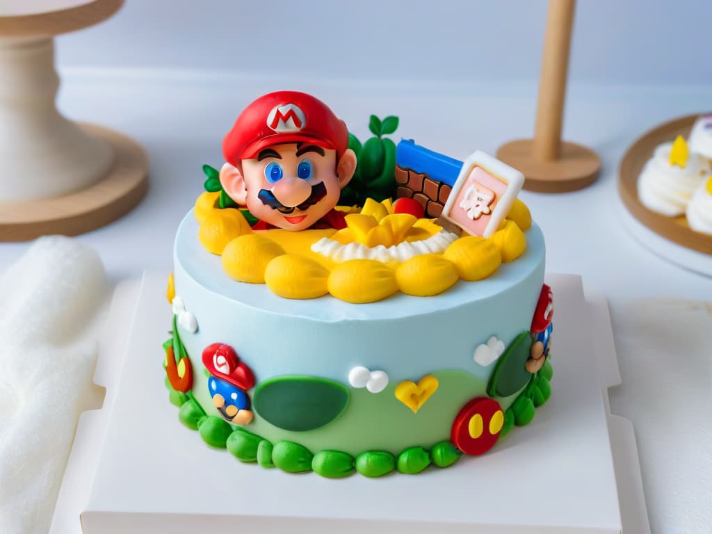  A minimalist, ultradetailed image of a vibrant Super Mariothemed magdalena placed on a sleek, modern plate. The magdalena is adorned with meticulously crafted frosting depicting iconic Super Mario characters like Mario, Luigi, and Princess Peach. The lighting is soft, casting a gentle glow on the intricate details of the dessert, highlighting the precision and artistry that went into its creation. The colors are vivid and inviting, evoking a sense of nostalgia and whimsy for fans of the beloved video game series. hyperrealistic, full body, detailed clothing, highly detailed, cinematic lighting, stunningly beautiful, intricate, sharp focus, f/1. 8, 85mm, (centered image composition), (professionally color graded), ((bright soft diffused light)), volumetric fog, trending on instagram, trending on tumblr, HDR 4K, 8K