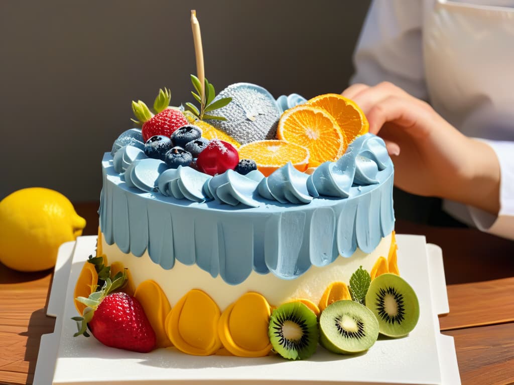  A beautifully detailed and photorealistic image of a professional pastry chef meticulously decorating a glutenfree cake with intricate designs using vibrant colored frosting, surrounded by an array of fresh fruits and edible flowers. The chef's focused expression and the precision of their hand movements convey a sense of skill and artistry, while the finished cake exudes elegance and perfection, appealing to the audience's desire for flawless glutenfree baking results. hyperrealistic, full body, detailed clothing, highly detailed, cinematic lighting, stunningly beautiful, intricate, sharp focus, f/1. 8, 85mm, (centered image composition), (professionally color graded), ((bright soft diffused light)), volumetric fog, trending on instagram, trending on tumblr, HDR 4K, 8K