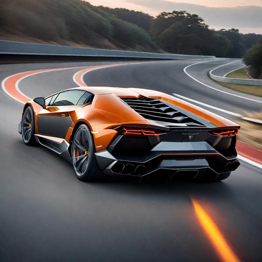  a high-speed test track with a sleek Lamborghini concept car driving at high speed. The car is designed with sharp angular lines and an aerodynamic profile, featuring a low and wide stance. The paint job is metallic gray with orange accents, and the vehicle has Y-shaped LED headlights and intricately designed wheels. Dramatic shadows highlight muscular contours and vented panels on the car’s body while the background conveys a sense of motion, emphasizing the theme of speed and luxury in a minimalistic style. hyperrealistic, full body, detailed clothing, highly detailed, cinematic lighting, stunningly beautiful, intricate, sharp focus, f/1. 8, 85mm, (centered image composition), (professionally color graded), ((bright soft diffused light)), volumetric fog, trending on instagram, trending on tumblr, HDR 4K, 8K