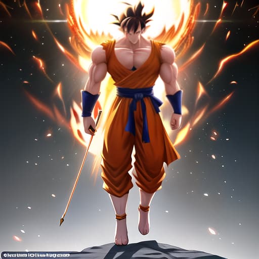  Goku hyperrealistic, full body, detailed clothing, highly detailed, cinematic lighting, stunningly beautiful, intricate, sharp focus, f/1. 8, 85mm, (centered image composition), (professionally color graded), ((bright soft diffused light)), volumetric fog, trending on instagram, trending on tumblr, HDR 4K, 8K