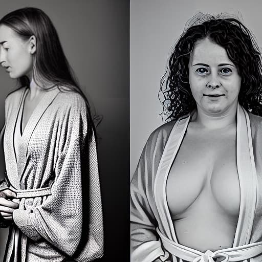  a human woman wearing a robe without anything else and girl wearing a robe without anything else, woman age 30 girl age 22