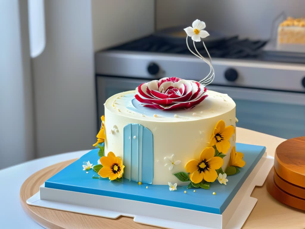  An ultradetailed 8k image showing a sleek, modern kitchen countertop with a holographic display projecting intricate virtual cake decorating tools and ingredients hovering midair. The tools include piping bags, edible flowers, sprinkles, and icing, all seamlessly blending the physical and augmented reality elements. The futuristic, minimalistic design of the scene enhances the hightech aspect of using augmented reality in pastry making, portraying a blend of innovation and tradition in culinary arts. hyperrealistic, full body, detailed clothing, highly detailed, cinematic lighting, stunningly beautiful, intricate, sharp focus, f/1. 8, 85mm, (centered image composition), (professionally color graded), ((bright soft diffused light)), volumetric fog, trending on instagram, trending on tumblr, HDR 4K, 8K