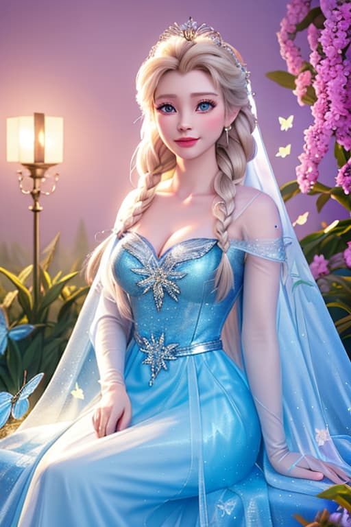  A highly detailed and realistic photo in the style of Disney, featuring a character resembling young Elsa. The image shows young Elsa wearing a sparkling blue dress, surrounded by glowing butterflies. She is sitting on a petal strewn ledge in a magical, dreamy environment. The scene is illuminated with soft, mystical light, creating an enchanting and whimsical atmosphere. Elsa's expression is filled with wonder and joy as she interacts with the butterflies. The background is softly blurred to keep the focus on Elsa and the butterflies. hyperrealistic, full body, detailed clothing, highly detailed, cinematic lighting, stunningly beautiful, intricate, sharp focus, f/1. 8, 85mm, (centered image composition), (professionally color graded), ((bright soft diffused light)), volumetric fog, trending on instagram, trending on tumblr, HDR 4K, 8K