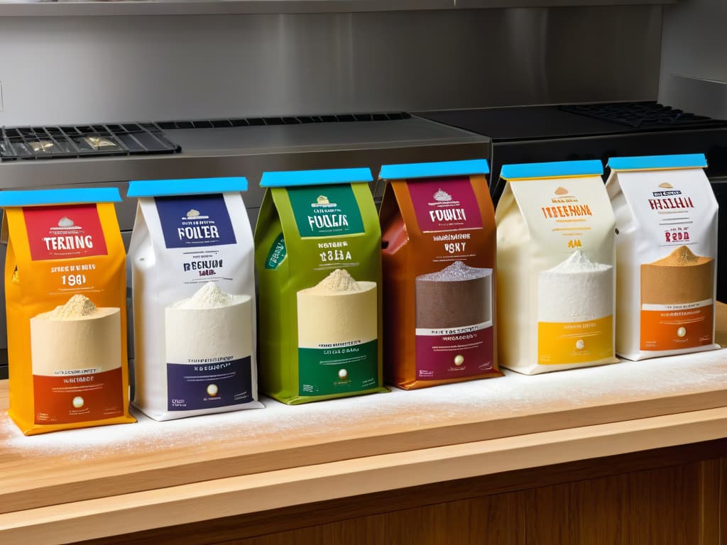  A closeup, ultradetailed image of a variety of alternative flour brands neatly arranged in a row on a sleek, modern kitchen countertop. Each brand's packaging is distinct, showcasing vibrant colors and elegant typography, symbolizing diversity and quality in the alternative flour market. The labels are pristine, reflecting professionalism, while the overall aesthetic is minimalist, emphasizing the focus on the array of choices available to consumers seeking the best alternative flour for their recipes. hyperrealistic, full body, detailed clothing, highly detailed, cinematic lighting, stunningly beautiful, intricate, sharp focus, f/1. 8, 85mm, (centered image composition), (professionally color graded), ((bright soft diffused light)), volumetric fog, trending on instagram, trending on tumblr, HDR 4K, 8K