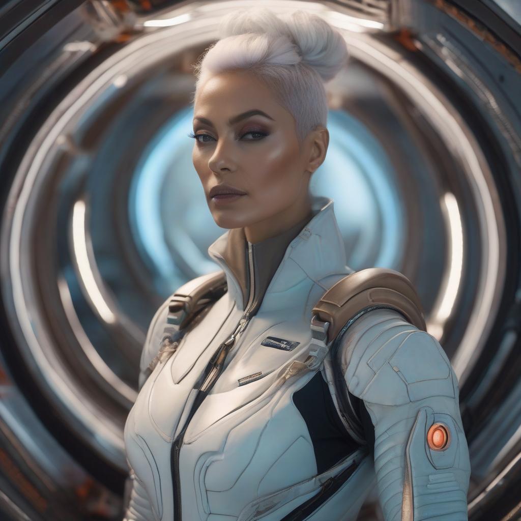  A futuristic commander with icy blue hair and a reflective suit, aboard a space station orbiting a vibrant alien planet. The viewports show a breathtaking panorama of the planet below, her gaze contemplative as she plans her next move. Muted colors, analog photo hyperrealistic, full body, detailed clothing, highly detailed, cinematic lighting, stunningly beautiful, intricate, sharp focus, f/1. 8, 85mm, (centered image composition), (professionally color graded), ((bright soft diffused light)), volumetric fog, trending on instagram, trending on tumblr, HDR 4K, 8K