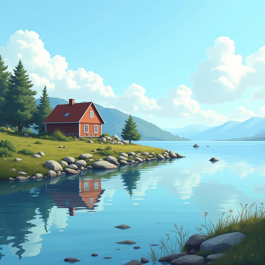  good quality, high quality, illustration of a scandinavian landscape with old house on shore of beautiful clean waters and beautiful nature with blue sky