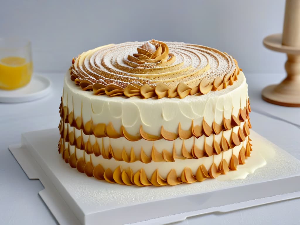  An image of a perfectly stacked Kransekake Norwegian cake, meticulously decorated with delicate white icing drizzles and scattered almond slivers on a sleek marble countertop. The cake layers are impeccably shaped and precisely aligned, showcasing a symphony of golden brown hues that contrast elegantly with the pristine white of the icing. The intricate details of the cake's design are highlighted by soft, natural lighting, adding depth and dimension to this minimalistic yet visually striking culinary masterpiece. hyperrealistic, full body, detailed clothing, highly detailed, cinematic lighting, stunningly beautiful, intricate, sharp focus, f/1. 8, 85mm, (centered image composition), (professionally color graded), ((bright soft diffused light)), volumetric fog, trending on instagram, trending on tumblr, HDR 4K, 8K