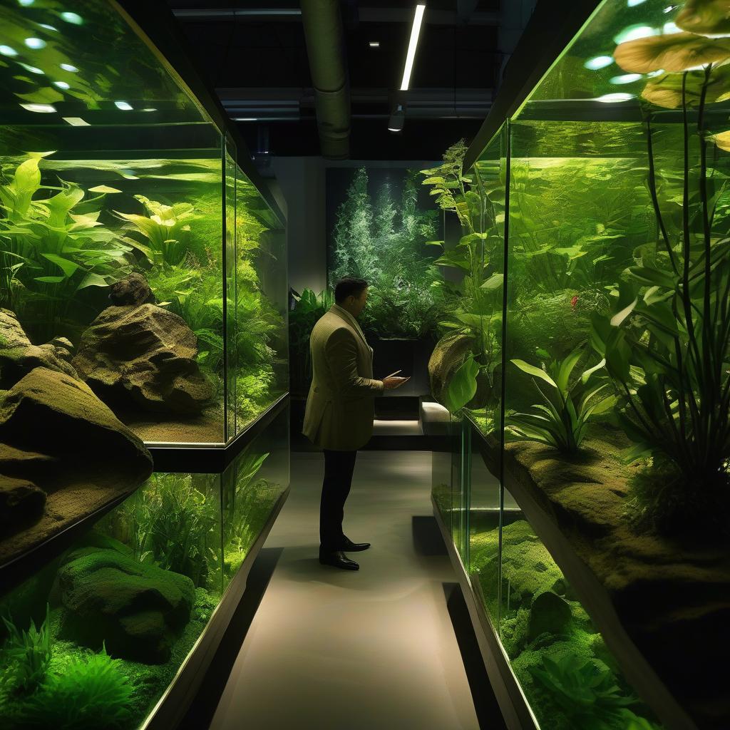  Two aquariums with plants on which are located aquariums inside where there are small square plants. The length of the aquarium is 61 cm, the height is 46 cm, and the width is 31 cm. hyperrealistic, full body, detailed clothing, highly detailed, cinematic lighting, stunningly beautiful, intricate, sharp focus, f/1. 8, 85mm, (centered image composition), (professionally color graded), ((bright soft diffused light)), volumetric fog, trending on instagram, trending on tumblr, HDR 4K, 8K