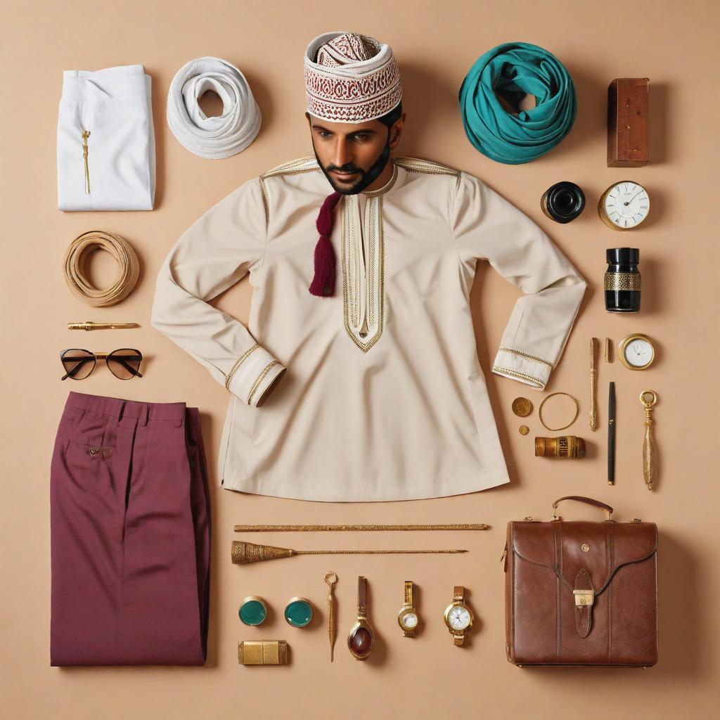  a flat lay photography of vintage omani outfit knolling :: Wes Anderson color palette, studio lighting, low contrast, 8k --ar 4:5 --q 2