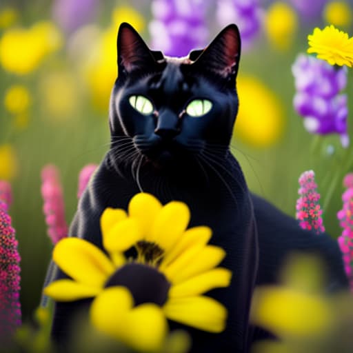 estilovintedois A black cat in a field of flowers with yellow eyes