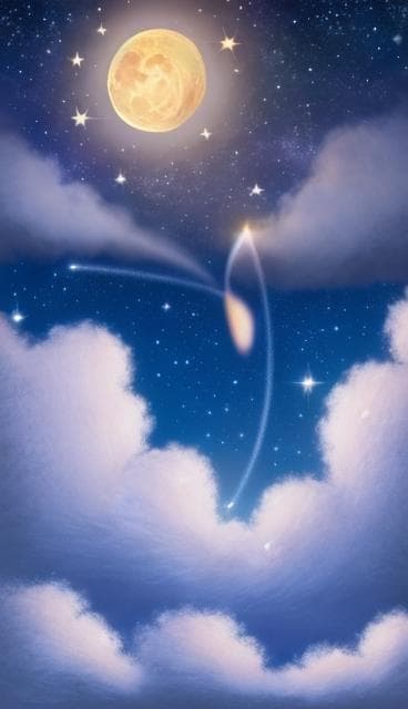 a detailed depiction of a beautiful moon shining brightly in a starry night sky, surrounded by twinkling stars and soft, fluffy clouds. the scene conveys a serene, peaceful atmosphere ideal for stargazing and reflecting on the wonders of the universe. visuals should include intricate details of the moon's surface and the shimmering stars, enhancing the tranquil ambiance of a clear night.