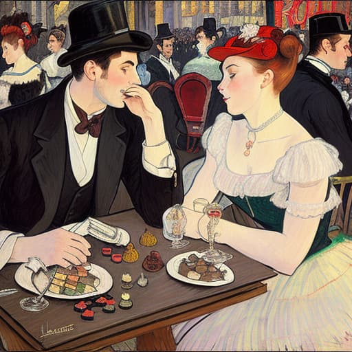  attractive young Parisian couple dressed in modern designer outfits who are romantically together in Paris. Foreground a small plate of fine dark chocolates on a small wooden table. Background dusk with a light of the inside the Moulin Rouge with dancers dancing. Painting style of Henri de Toulouse-Lautrec