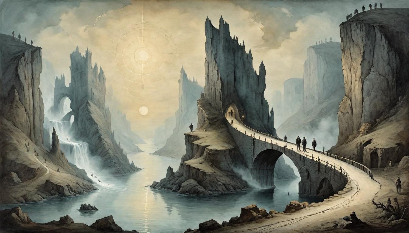  on parchment, surrealism+++, A bridge made of light connecting two cliffs, previously separated figures crossing towards each other, the fading of a dark figure in the background, transparency overcoming shadow, unity(mysterious, provocative, symbolic,muted color)+++