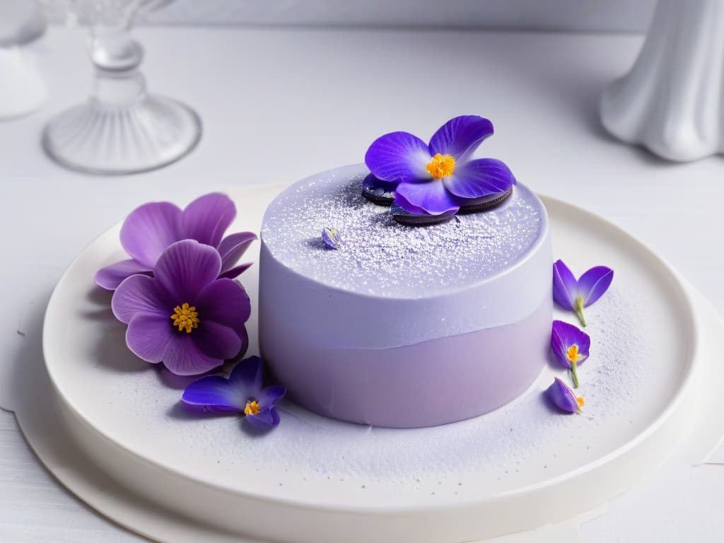  A closeup, highresolution image of a beautifully plated monochromatic dessert in varying shades of elegant lavender, featuring a delicate lavender macaron, a smooth lavender mousse, and a shimmering lavender glaze, all meticulously arranged on a pristine white plate. The dessert is garnished with tiny edible flowers and a sprinkle of edible silver dust, adding a touch of sophistication and visual appeal. The lighting is soft, casting gentle shadows that emphasize the textures and layers of the dessert, creating a visually striking and minimalist composition perfect for a sophisticated article on creating monochromatic desserts. hyperrealistic, full body, detailed clothing, highly detailed, cinematic lighting, stunningly beautiful, intricate, sharp focus, f/1. 8, 85mm, (centered image composition), (professionally color graded), ((bright soft diffused light)), volumetric fog, trending on instagram, trending on tumblr, HDR 4K, 8K