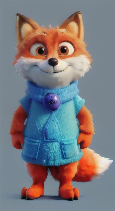  {Error the fox pressing the blue button with his paw, looking puzzled as nothing occurs., Error is a small, bright orange fox with a fluffy tail and big, inquisitive eyes. He has a mischievous yet kind expression and wears a tiny green scarf.