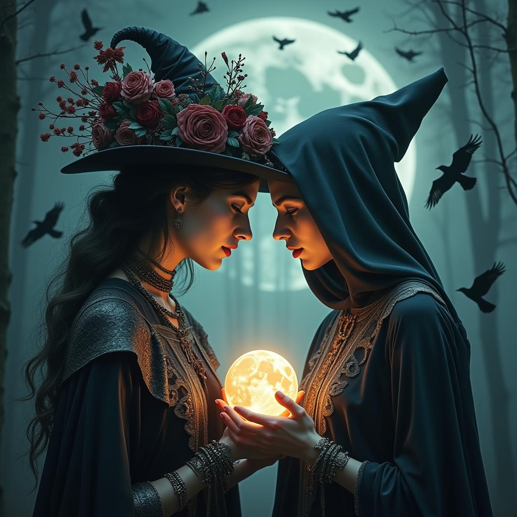  good quality, high quality, a blend of two powerful magical women, one wearing a dark hat adorned with intricate roses and jewelry, and the other in a hooded cloak with a glowing orb in her hands. the two figures merge together, creating a surreal composition where the hat and jewelry of the first character flow into the mystical, glowing elements of the second character's cloak and orb. the atmosphere is mystical, with dark tones and ethereal light blending around them, with ravens flying in the background, a full moon, and magical energy flowing between them.