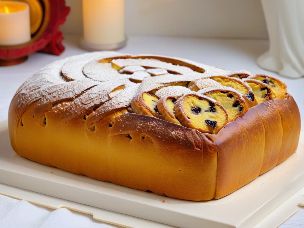  A closeup, ultradetailed image of a freshly baked Stollen loaf dusted with a generous layer of powdered sugar, showcasing the intricate swirls of marzipan and candied fruit peeking through the goldenbrown crust. The lighting highlights the textures and colors, capturing the essence of this traditional German Christmas treat in a minimalistic yet captivating way. hyperrealistic, full body, detailed clothing, highly detailed, cinematic lighting, stunningly beautiful, intricate, sharp focus, f/1. 8, 85mm, (centered image composition), (professionally color graded), ((bright soft diffused light)), volumetric fog, trending on instagram, trending on tumblr, HDR 4K, 8K