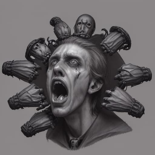  pencil sketch of a depressed man screaming with 8 little heads coming from out of his head and they are screaming as well. gothic, very dark. highly detailed and 8K.