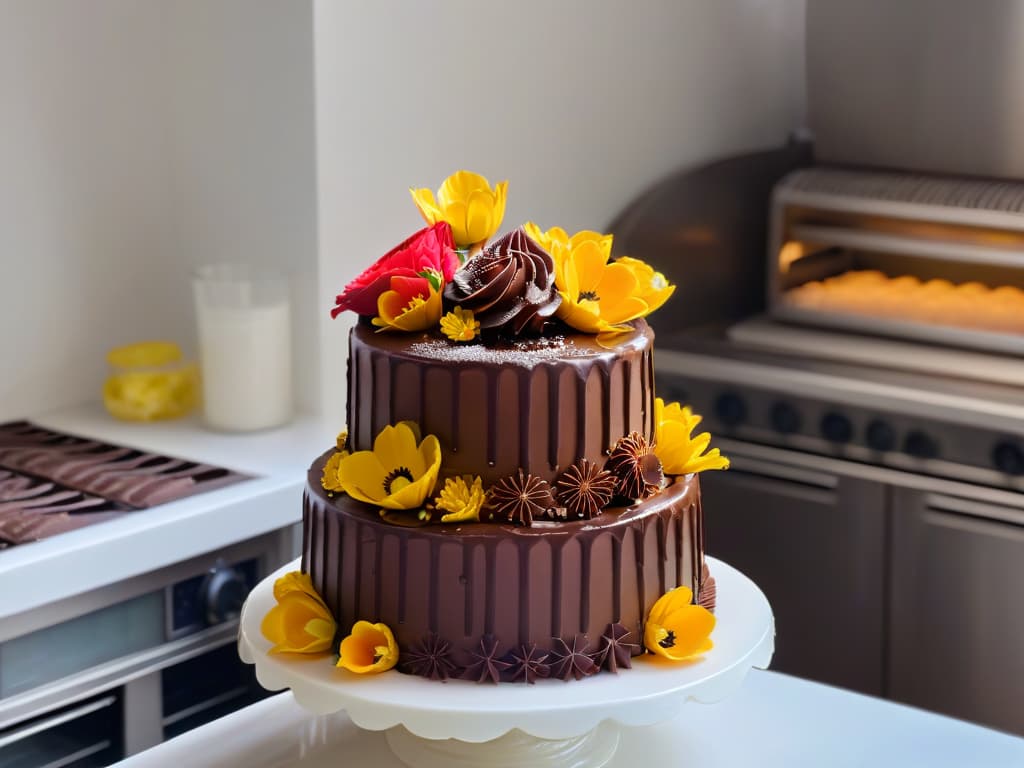  An ultradetailed photorealistic image of a tiered, decadent chocolate cake adorned with intricate sugar flowers and delicate gold leaf accents, displayed on a pristine marble cake stand against a softly blurred background of a sunlit kitchen. The cake is expertly crafted, showcasing precise piping details and rich, glossy ganache layers that gleam under the natural light, inviting the viewer to indulge in the luxurious world of premium baking ingredients. hyperrealistic, full body, detailed clothing, highly detailed, cinematic lighting, stunningly beautiful, intricate, sharp focus, f/1. 8, 85mm, (centered image composition), (professionally color graded), ((bright soft diffused light)), volumetric fog, trending on instagram, trending on tumblr, HDR 4K, 8K